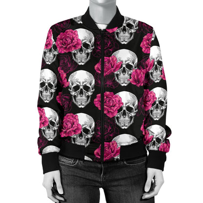 Pink Rose Skull Themed Print Women Casual Bomber Jacket
