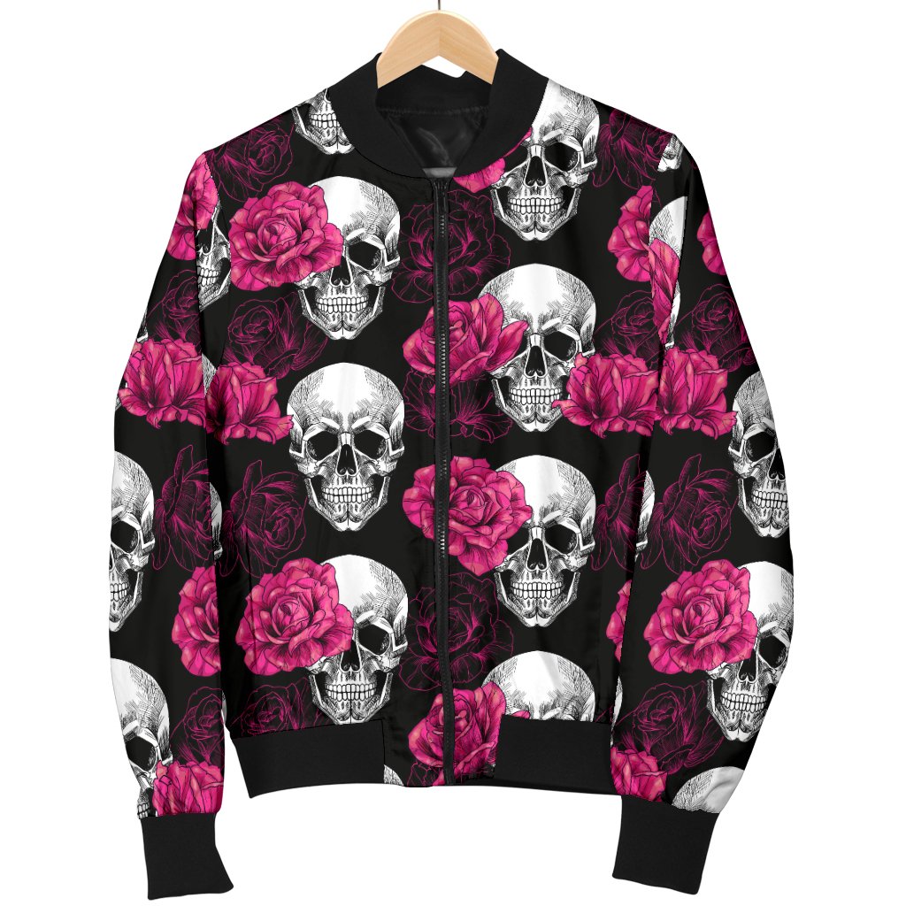 Pink Rose Skull Themed Print Women Casual Bomber Jacket