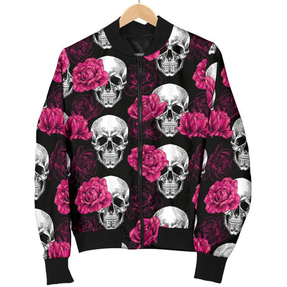 Pink Rose Skull Themed Print Women Casual Bomber Jacket