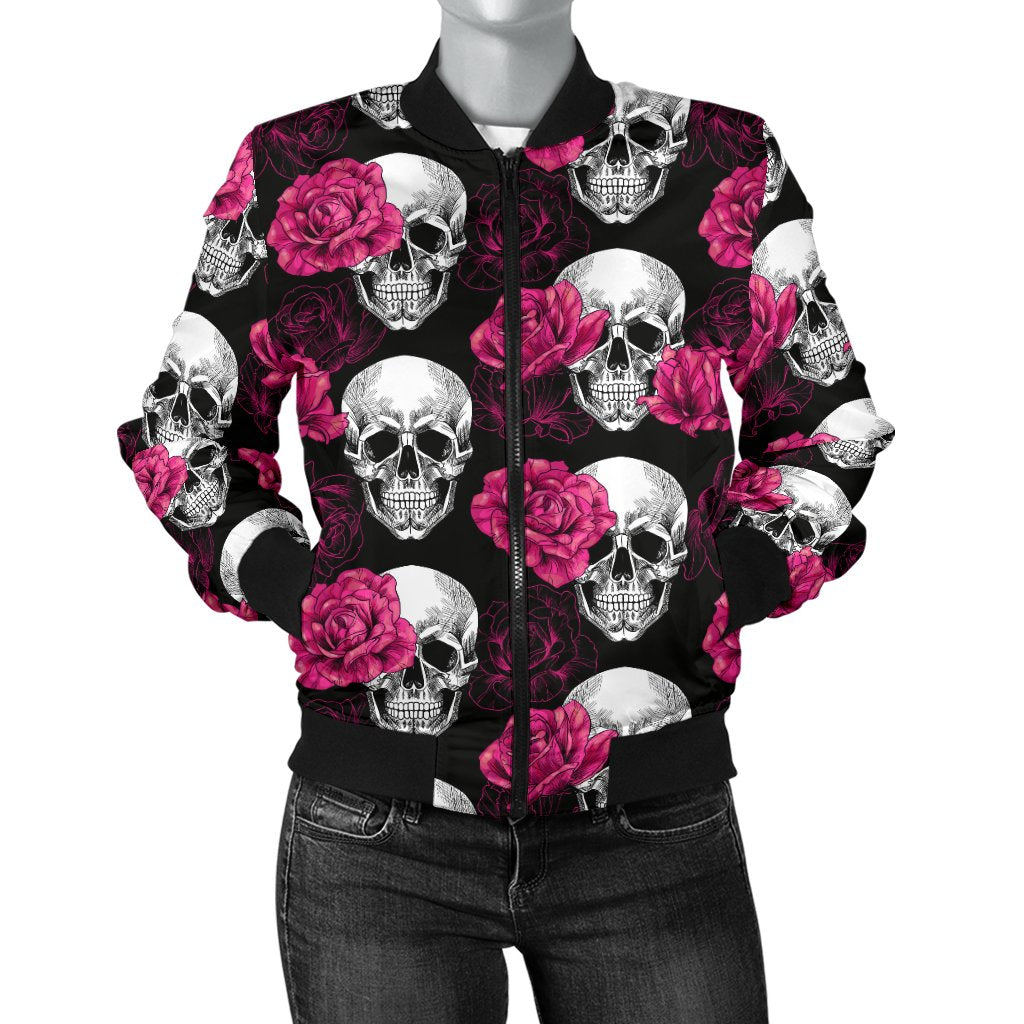 Pink Rose Skull Themed Print Women Casual Bomber Jacket