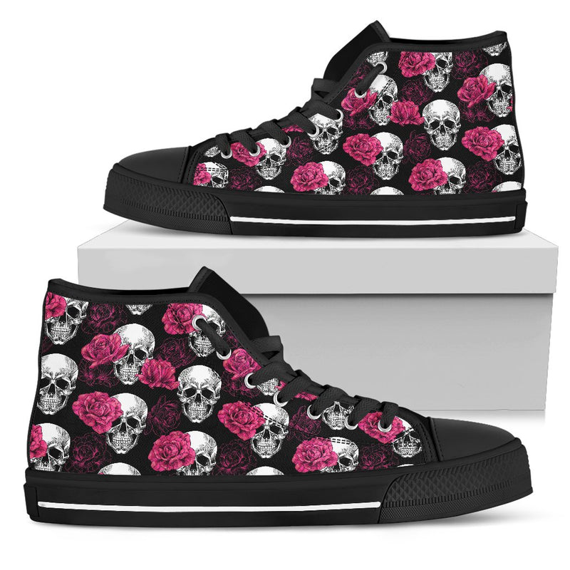 Pink Rose Skull Themed Print Women High Top Shoes