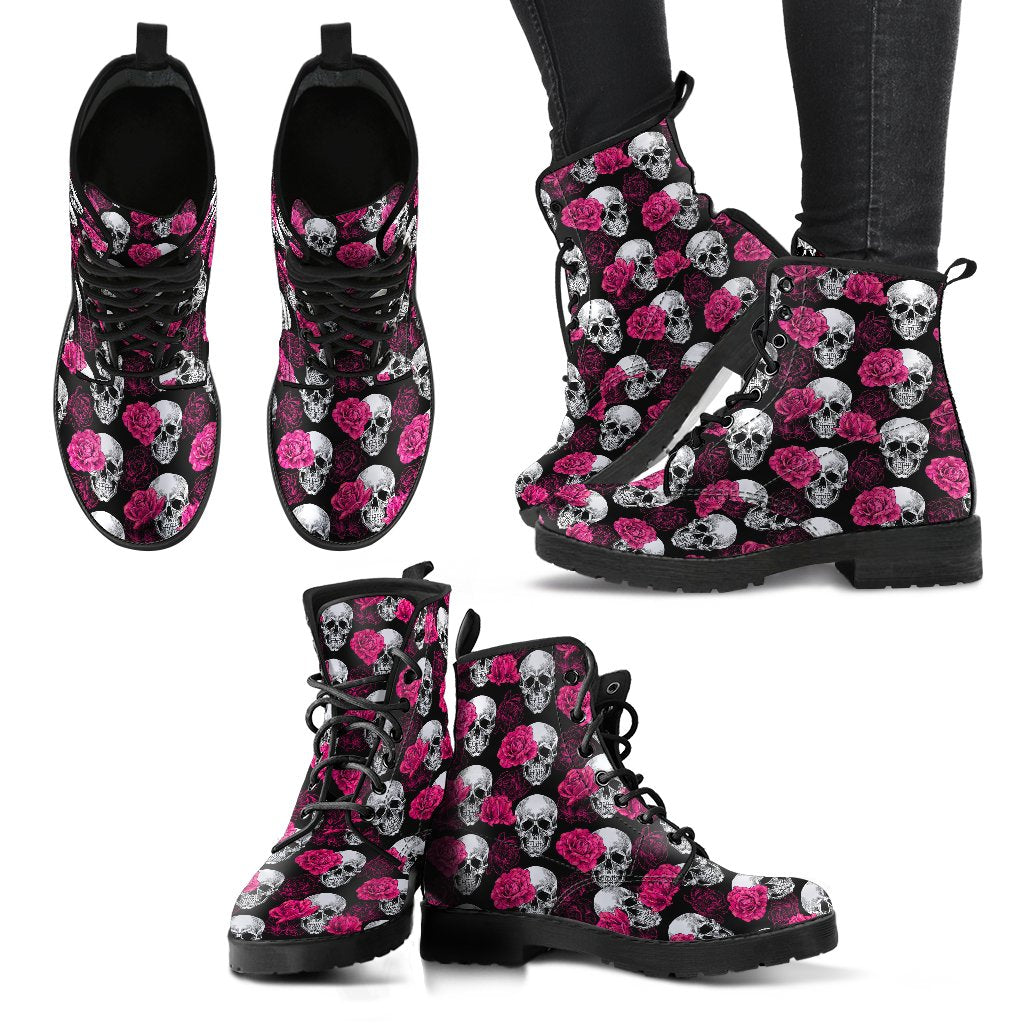 Pink Rose Skull Themed Print Women Leather Boots-JTAMIGO.COM