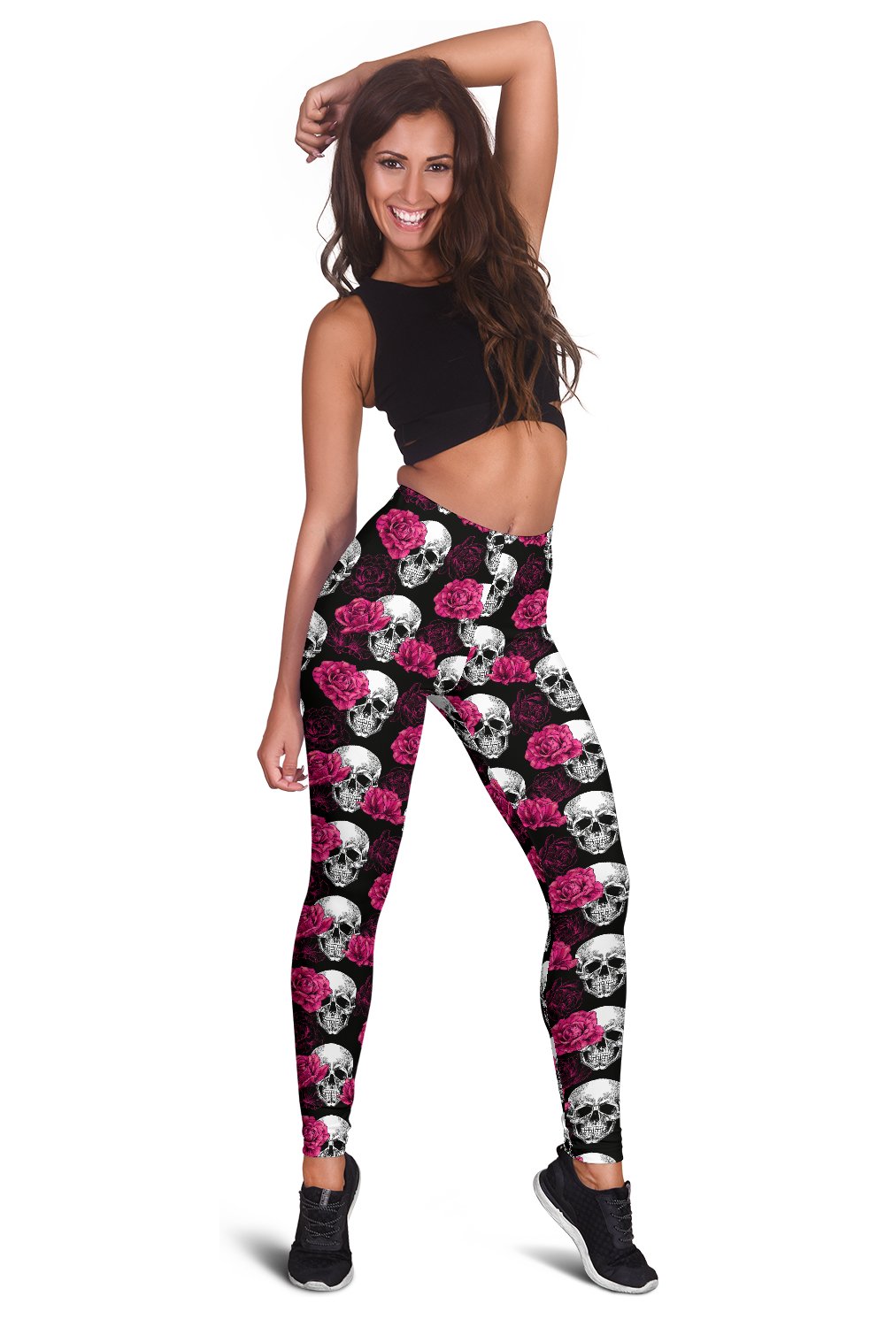 Pink Rose Skull Themed Print Women Leggings