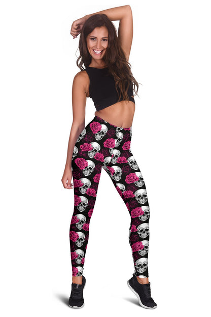 Pink Rose Skull Themed Print Women Leggings