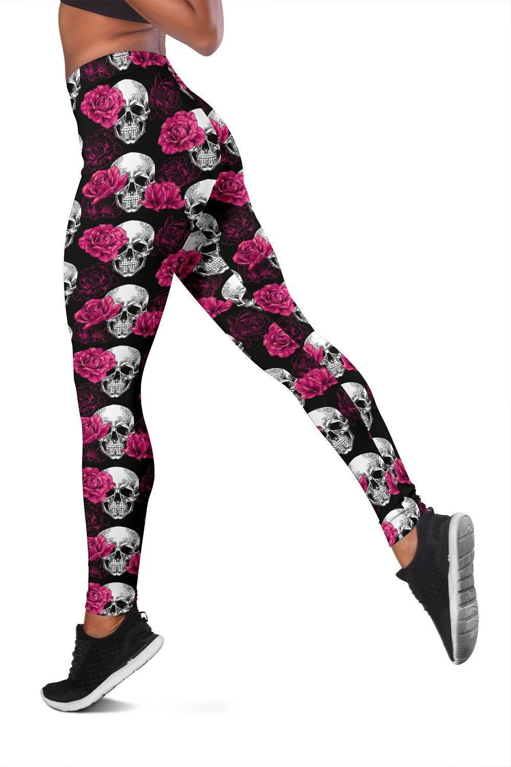 Pink Rose Skull Themed Print Women Leggings