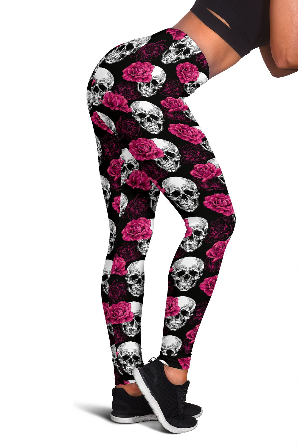 Pink Rose Skull Themed Print Women Leggings