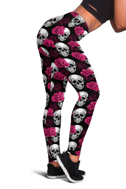 Pink Rose Skull Themed Print Women Leggings