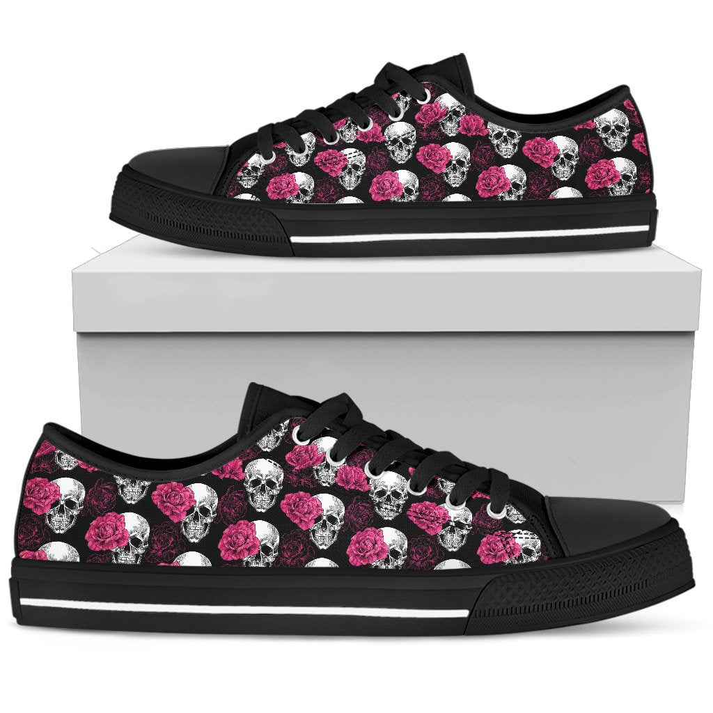 Pink Rose Skull Themed Print Women Low Top Shoes-JTAMIGO.COM