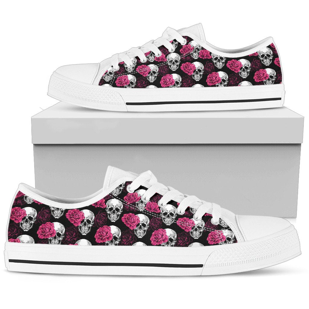 Pink Rose Skull Themed Print Women Low Top Shoes-JTAMIGO.COM