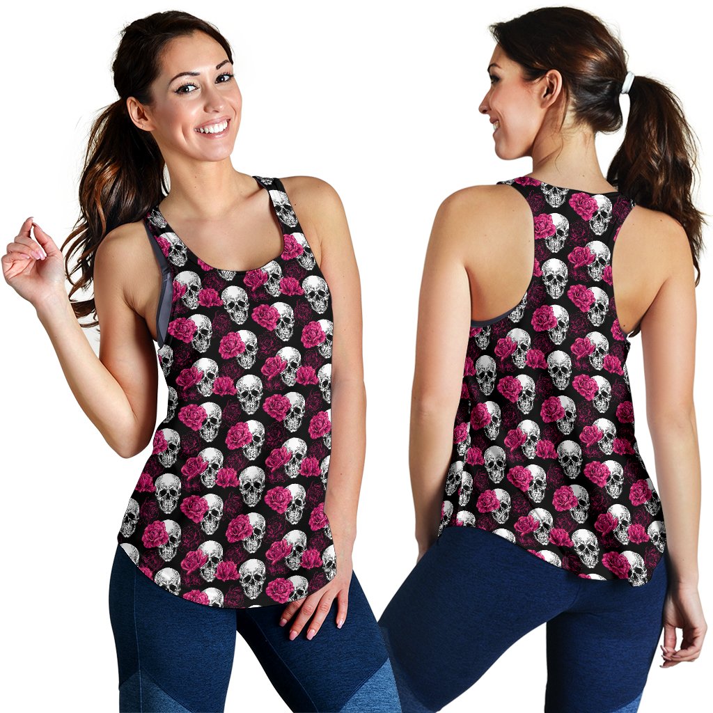 Pink Rose Skull Themed Print Women Racerback Tank Top
