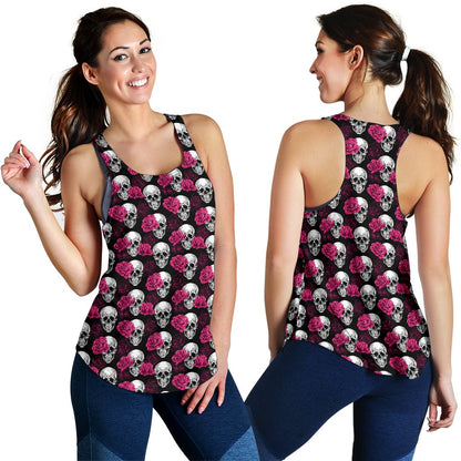 Pink Rose Skull Themed Print Women Racerback Tank Top