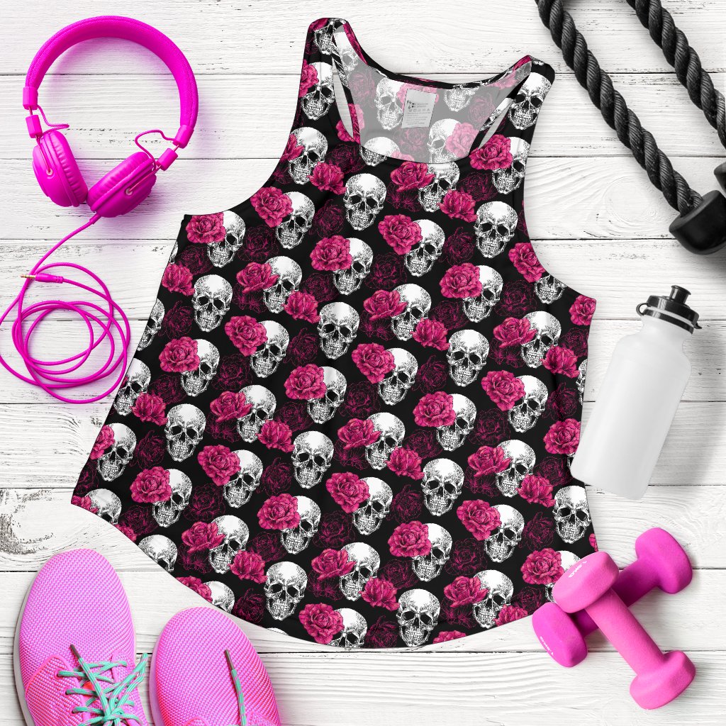 Pink Rose Skull Themed Print Women Racerback Tank Top