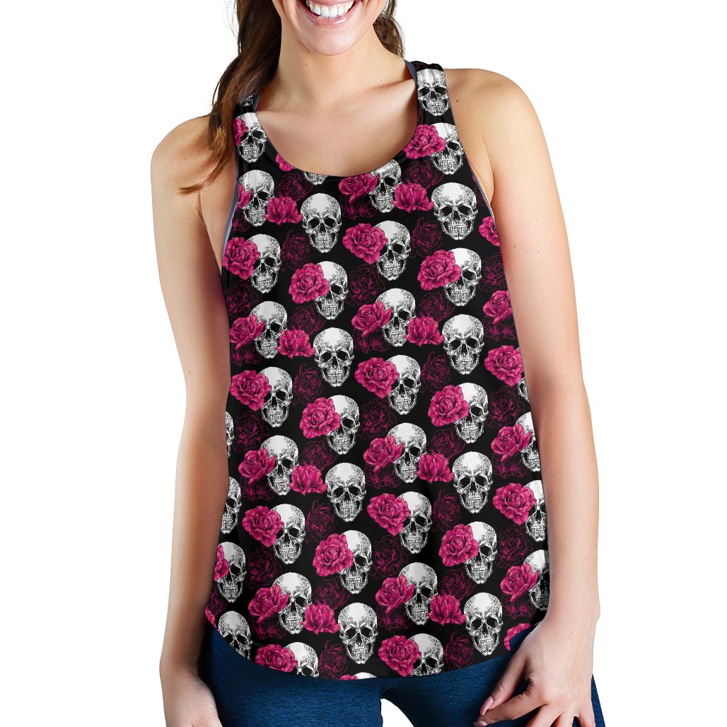 Pink Rose Skull Themed Print Women Racerback Tank Top