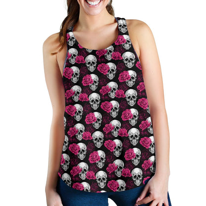 Pink Rose Skull Themed Print Women Racerback Tank Top
