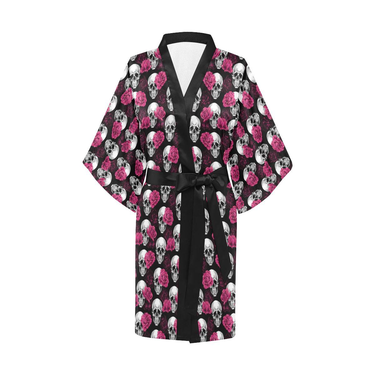 Pink Rose Skull Themed Print Women Short Kimono Robe