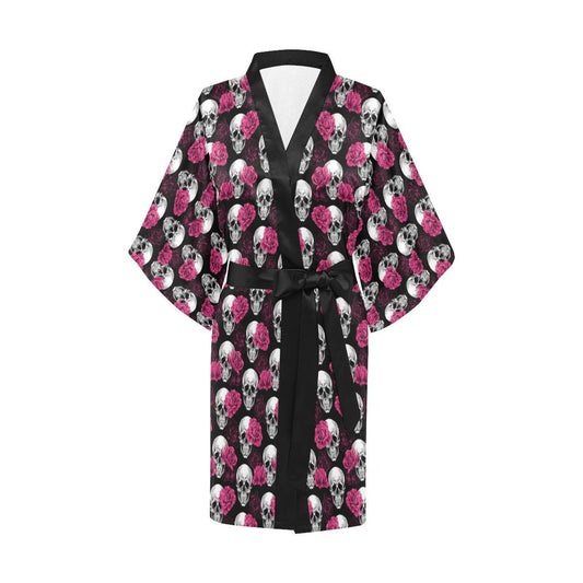 Pink Rose Skull Themed Print Women Short Kimono Robe