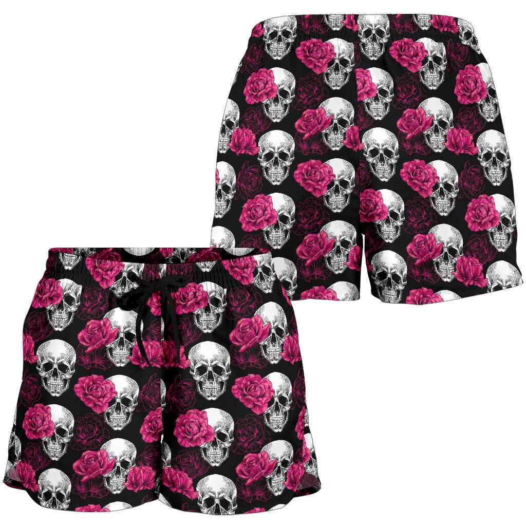 Pink Rose Skull Themed Print Women Shorts-JTAMIGO.COM