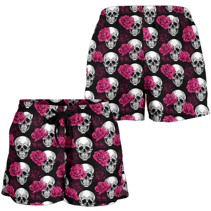 Pink Rose Skull Themed Print Women Shorts-JTAMIGO.COM