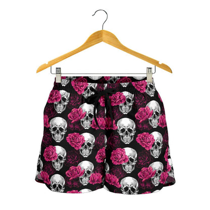 Pink Rose Skull Themed Print Women Shorts-JTAMIGO.COM