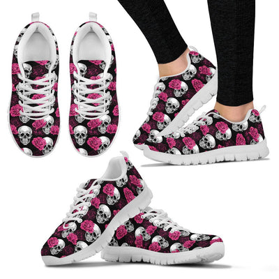 Pink Rose Skull Themed Print Women Sneakers Shoes