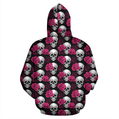 Pink Rose Skull Themed Print Zip Up Hoodie