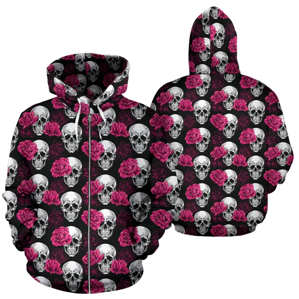 Pink Rose Skull Themed Print Zip Up Hoodie