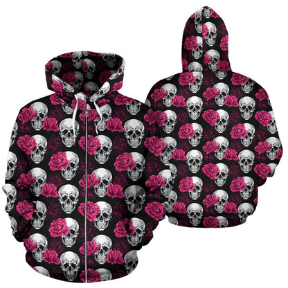 Pink Rose Skull Themed Print Zip Up Hoodie