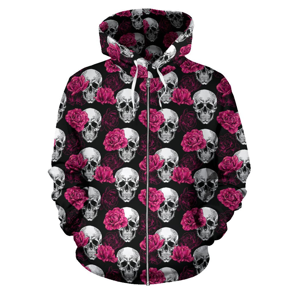 Pink Rose Skull Themed Print Zip Up Hoodie