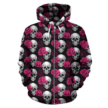 Pink Rose Skull Themed Print Zip Up Hoodie