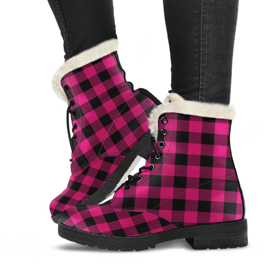 Pink Tartan Plaid Pattern Faux Fur Leather Boots-JTAMIGO.COM