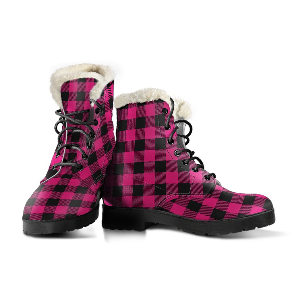 Pink Tartan Plaid Pattern Faux Fur Leather Boots-JTAMIGO.COM