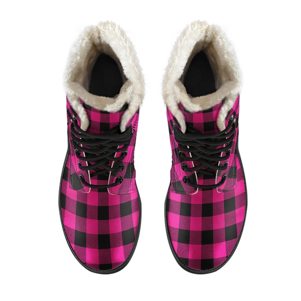 Pink Tartan Plaid Pattern Faux Fur Leather Boots-JTAMIGO.COM