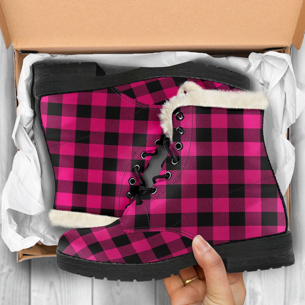 Pink Tartan Plaid Pattern Faux Fur Leather Boots-JTAMIGO.COM