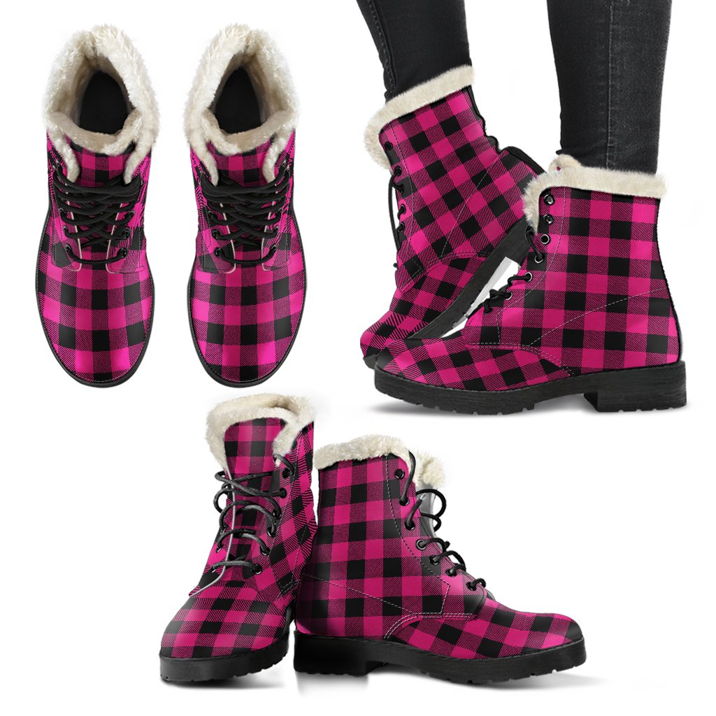 Pink Tartan Plaid Pattern Faux Fur Leather Boots-JTAMIGO.COM