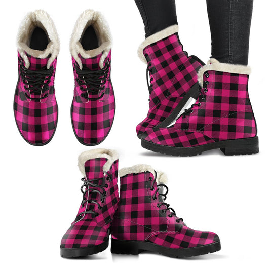 Pink Tartan Plaid Pattern Faux Fur Leather Boots-JTAMIGO.COM