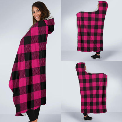 Pink Tartan Plaid Pattern Hooded Blanket-JTAMIGO.COM