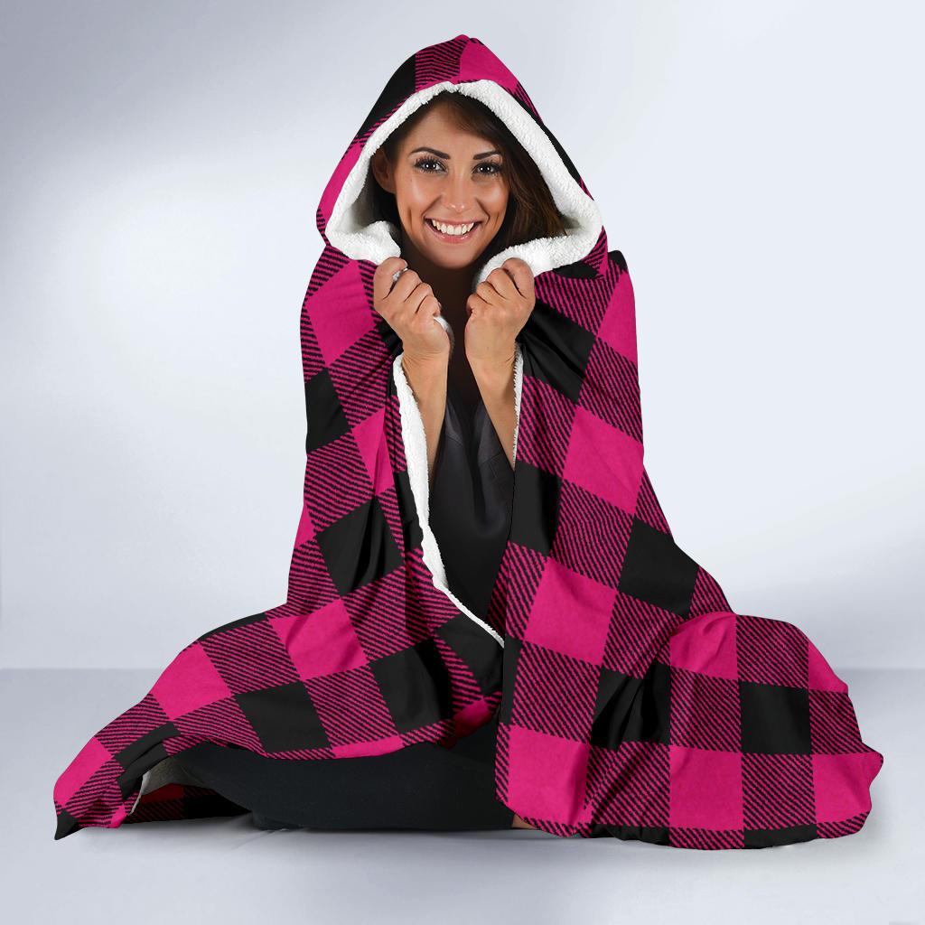 Pink Tartan Plaid Pattern Hooded Blanket-JTAMIGO.COM