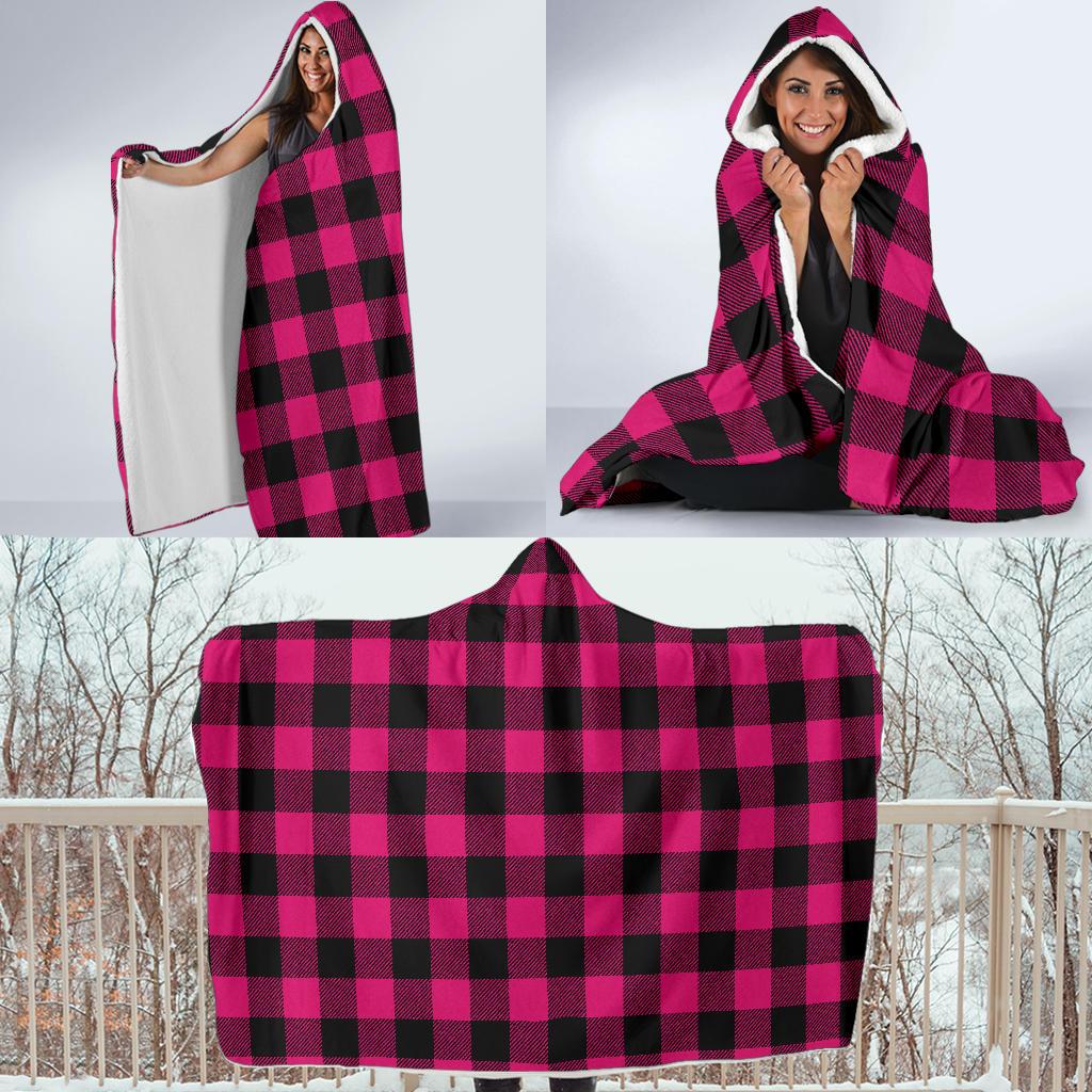 Pink Tartan Plaid Pattern Hooded Blanket-JTAMIGO.COM