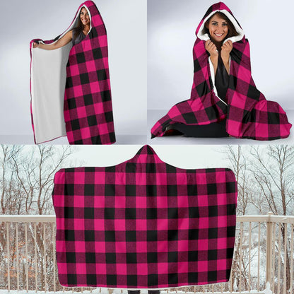 Pink Tartan Plaid Pattern Hooded Blanket-JTAMIGO.COM