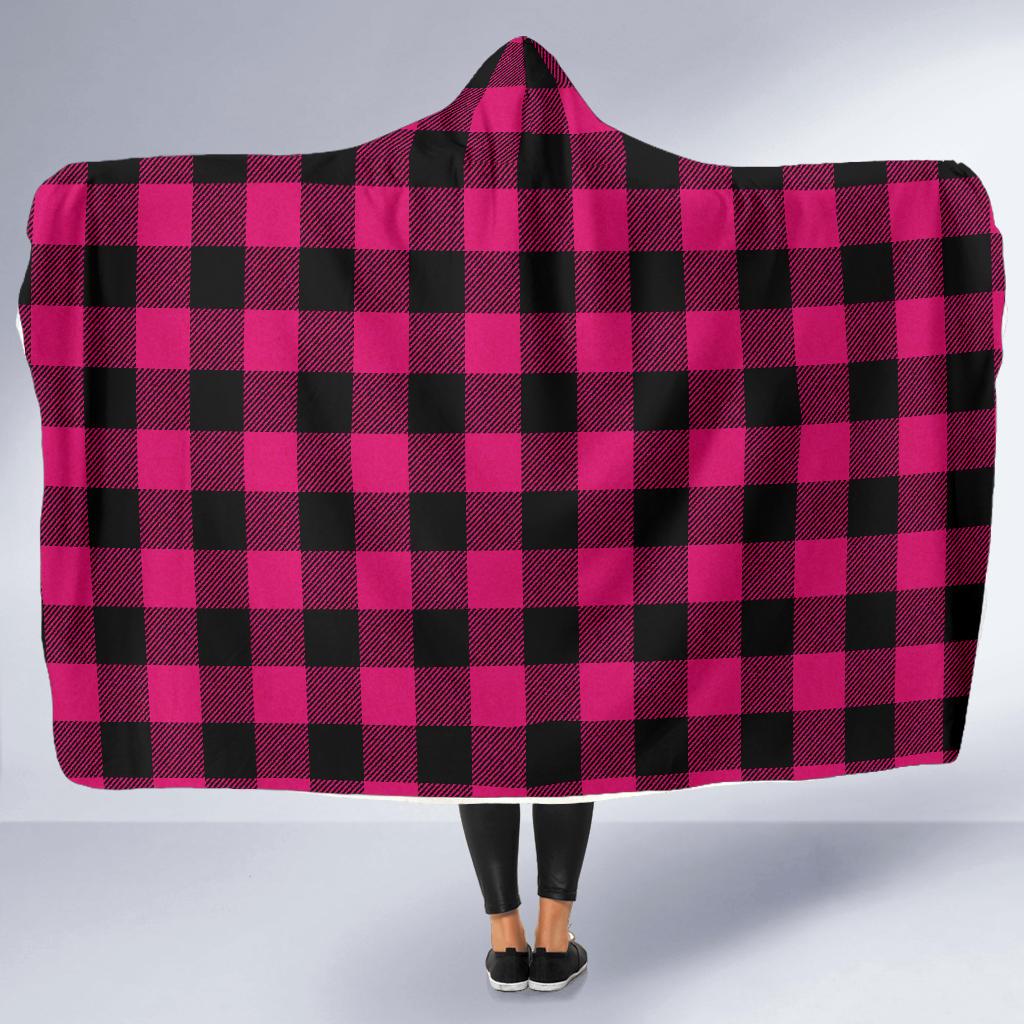 Pink Tartan Plaid Pattern Hooded Blanket-JTAMIGO.COM
