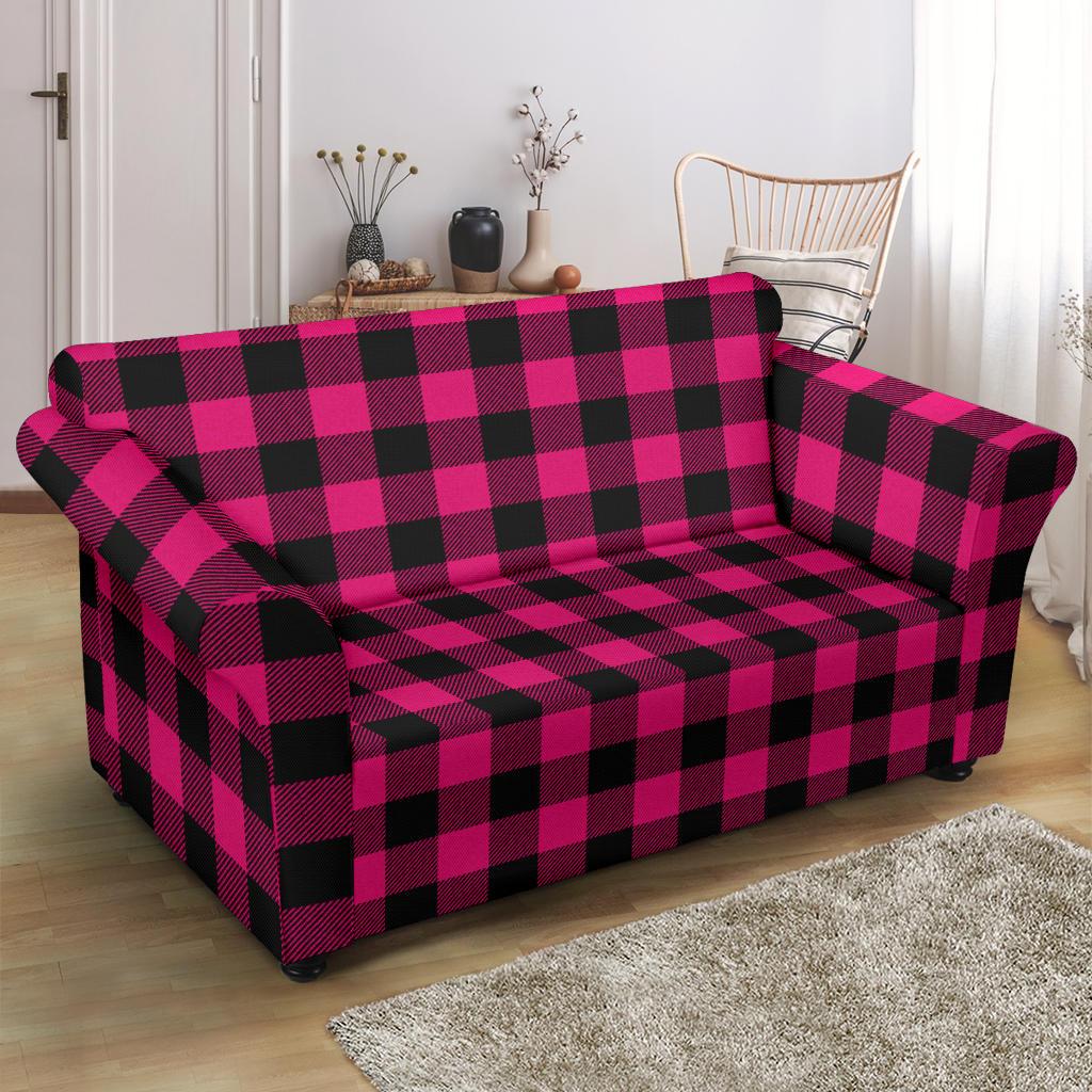 Pink Tartan Plaid Pattern Loveseat Slipcover-JTAMIGO.COM