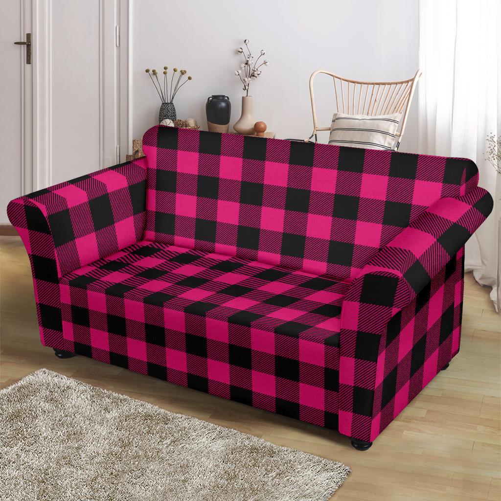 Pink Tartan Plaid Pattern Loveseat Slipcover-JTAMIGO.COM
