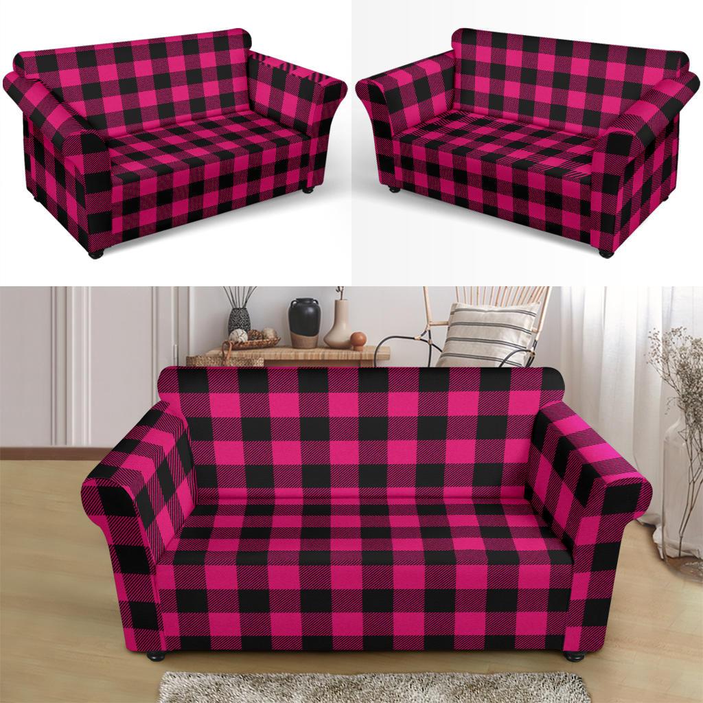 Pink Tartan Plaid Pattern Loveseat Slipcover-JTAMIGO.COM