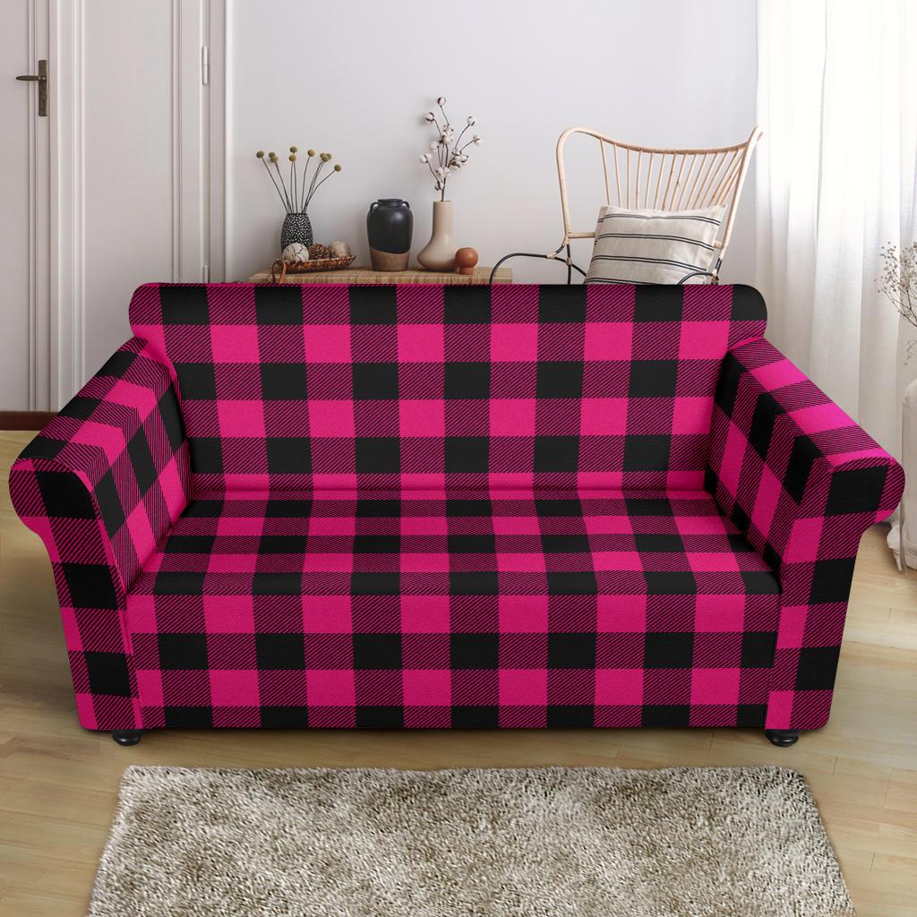 Pink Tartan Plaid Pattern Loveseat Slipcover-JTAMIGO.COM