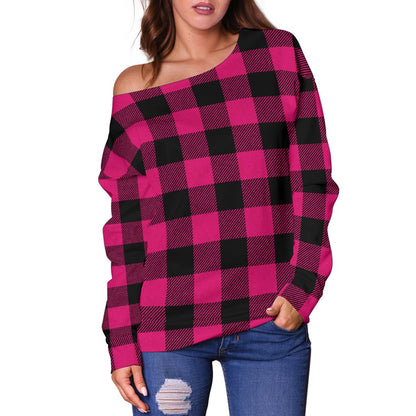 Pink Tartan Plaid Pattern Off Shoulder Sweatshirt
