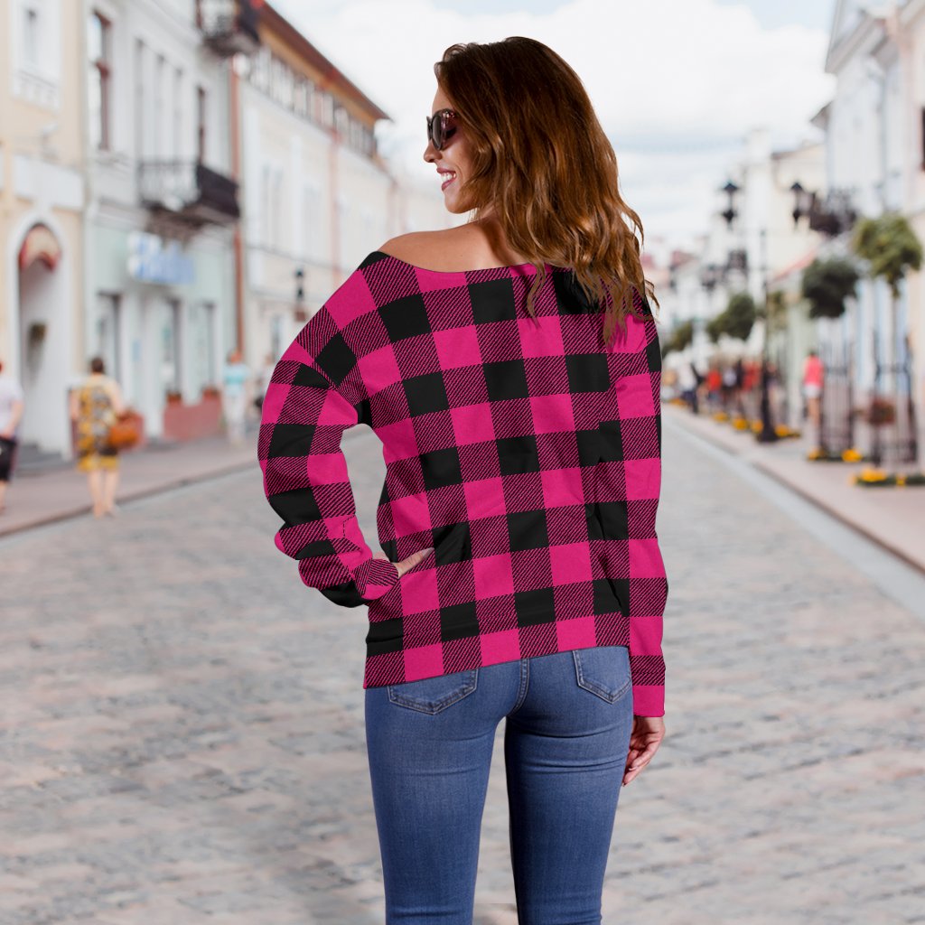 Pink Tartan Plaid Pattern Off Shoulder Sweatshirt