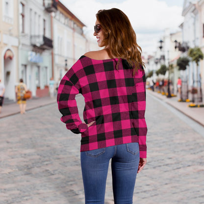 Pink Tartan Plaid Pattern Off Shoulder Sweatshirt