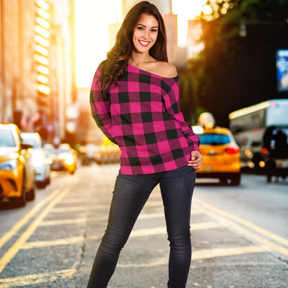 Pink Tartan Plaid Pattern Off Shoulder Sweatshirt