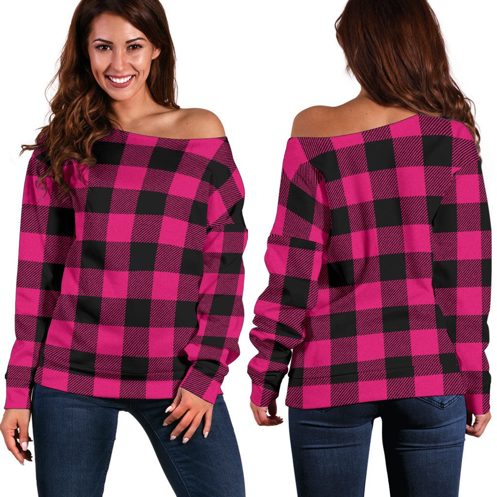 Pink Tartan Plaid Pattern Off Shoulder Sweatshirt