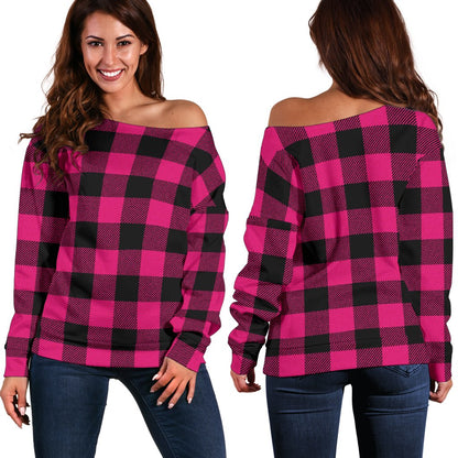 Pink Tartan Plaid Pattern Off Shoulder Sweatshirt